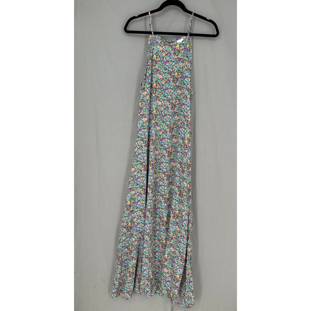 Silk Salt Dress Womens Medium Blue Floral Maxi Ditsy Front Slits Boho Cottage - Picture 4 of 10